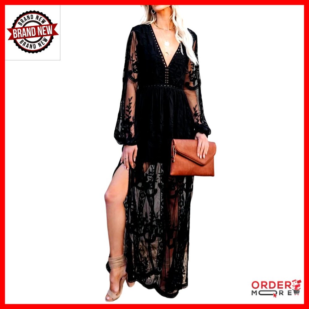 V Neck Floral Embroidered Lace Maxi Dress Boho Elegant Formal Evening Wear